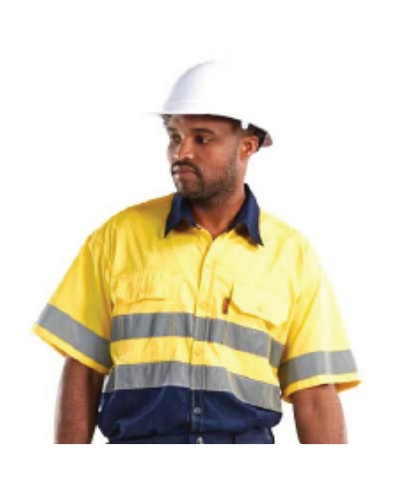 Lantern Fish Men's High Visibility Shirts Hi Vis Yellow/Navy, Button Up Short Sleeve (Medium), Fluorescence Yellow/Navy