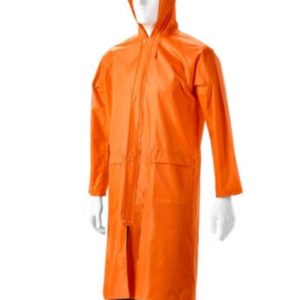 Orange Rubberized Raincoat Calf Length, Hood, Zip and Storm Flap Small To 3Xl