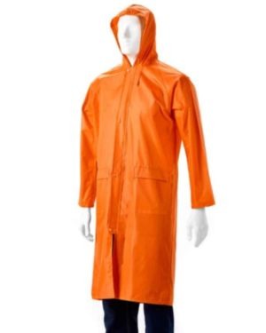 Orange Rubberized Raincoat Calf Length, Hood, Zip & Storm Flap Small To 3Xl