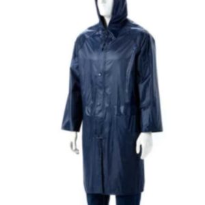 Navy Rubberized Raincoat Calf Length, Hood, Zip and Storm Flap Small To 4Xl