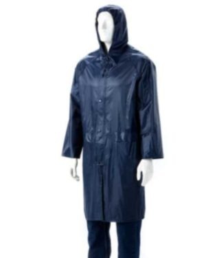 Navy Rubberized Raincoat Calf Length, Hood, Zip & Storm Flap Small To 4Xl