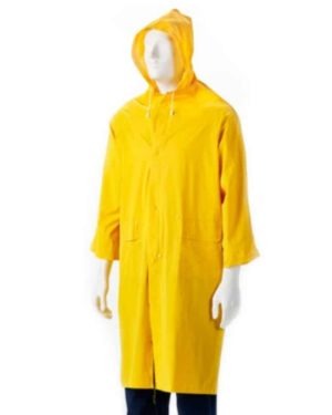 Yellow Rubberized Raincoat Calf Length, Hood, Zip & Storm Flap Small To 3Xl