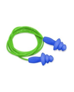 JAVLIN 3 Flange Mushroom Reusable Ear Plugs Blue Plug, Green Cord