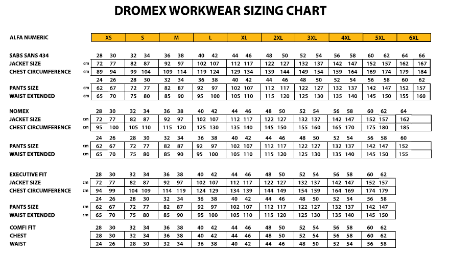 Dromex Work Wear Sizing Guide - ZDI - Safety PPE & Uniforms Wholesaler ...