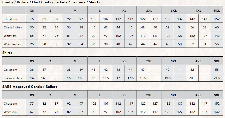 Javlin Sizing Chart - ZDI - Safety PPE, Uniforms and Gifts Wholesaler