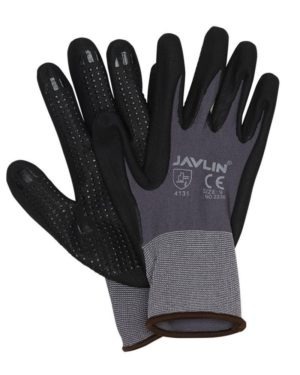 Javlin 15G Nylon / Lycra Liner, Black Waterbased Pu Nitrile Microfoam Finish With Dotted Palm Coated