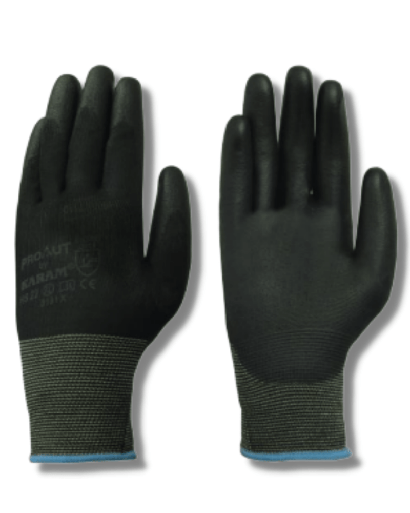 KARAM, PROKUT - Black Polyester Liner 13 Gauge with Black PU Coating Safety Gloves