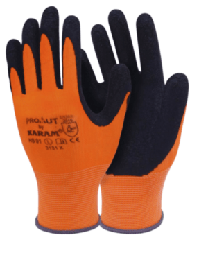 KARAM, PROKUT – Orange Polyester Liner 13 Gauge with Black Latex Coating Safety Gloves