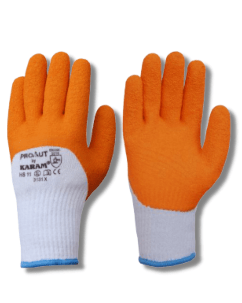 KARAM, PROKUT - White Poly Cotton Liner 10 Gauge with Orange Latex Dip Safety Gloves