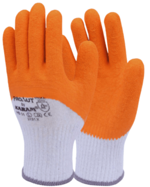 KARAM, PROKUT – White Poly Cotton Liner 10 Gauge with  Orange Latex Dip Safety Gloves