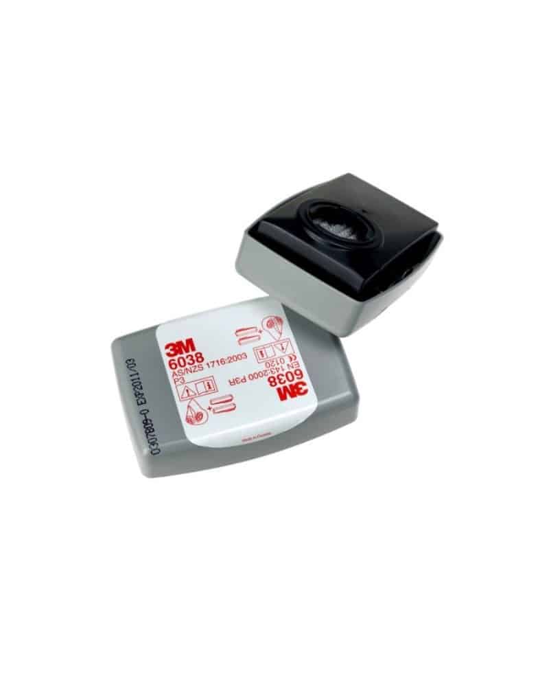 6038 P3 R Particulate Fiter Solid and liquid particles. Hydrogen Fluoride gas up to 30ppm, nuisance level organic vapours/acid gases. Solid plastic Case for rough application"