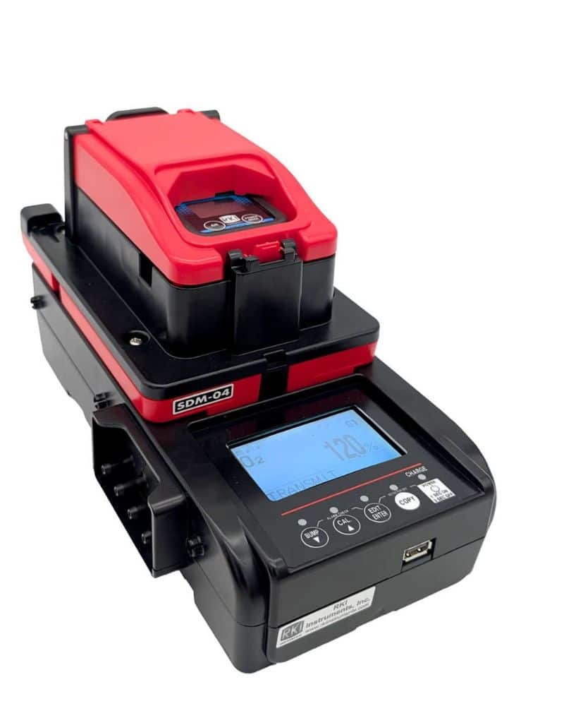 RKI SDM-04 calibration station for OX-04 / HS-04 / CO-04 with 1 solenoid, demand flow regulator, AC adapter, flash drive, USB cable, and tubing