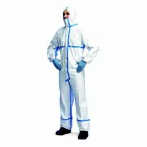 Tyvek® 600 Plus Cat. III Type 4B, 5B, 6B Coverall with 3-piece hood. Stitched and  over-taped seams. Thumb loops. Tunnelled elastication at wrists, ankles and face. Elasticated waist (glued-in). Tyvek® zipper. Self-adhesive zipper and chin flap (for tight fit around respirator). White. Antistatic. (Limited Stock)