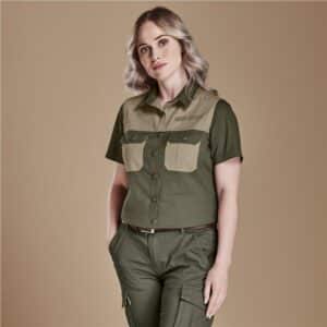 Ladies Short Sleeve Serengeti 2-Tone Bush Shirt Cotton Twill Military Green/Stone S-4XL